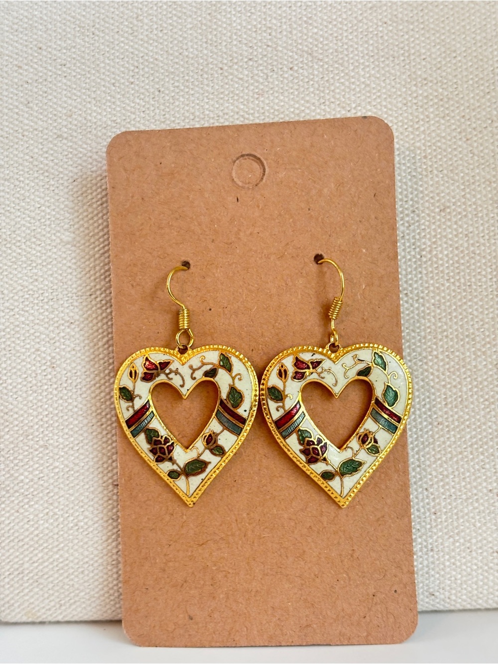 Cloissone Gold-Tone White Enamel Heart Drop Earrings with Floral Accents